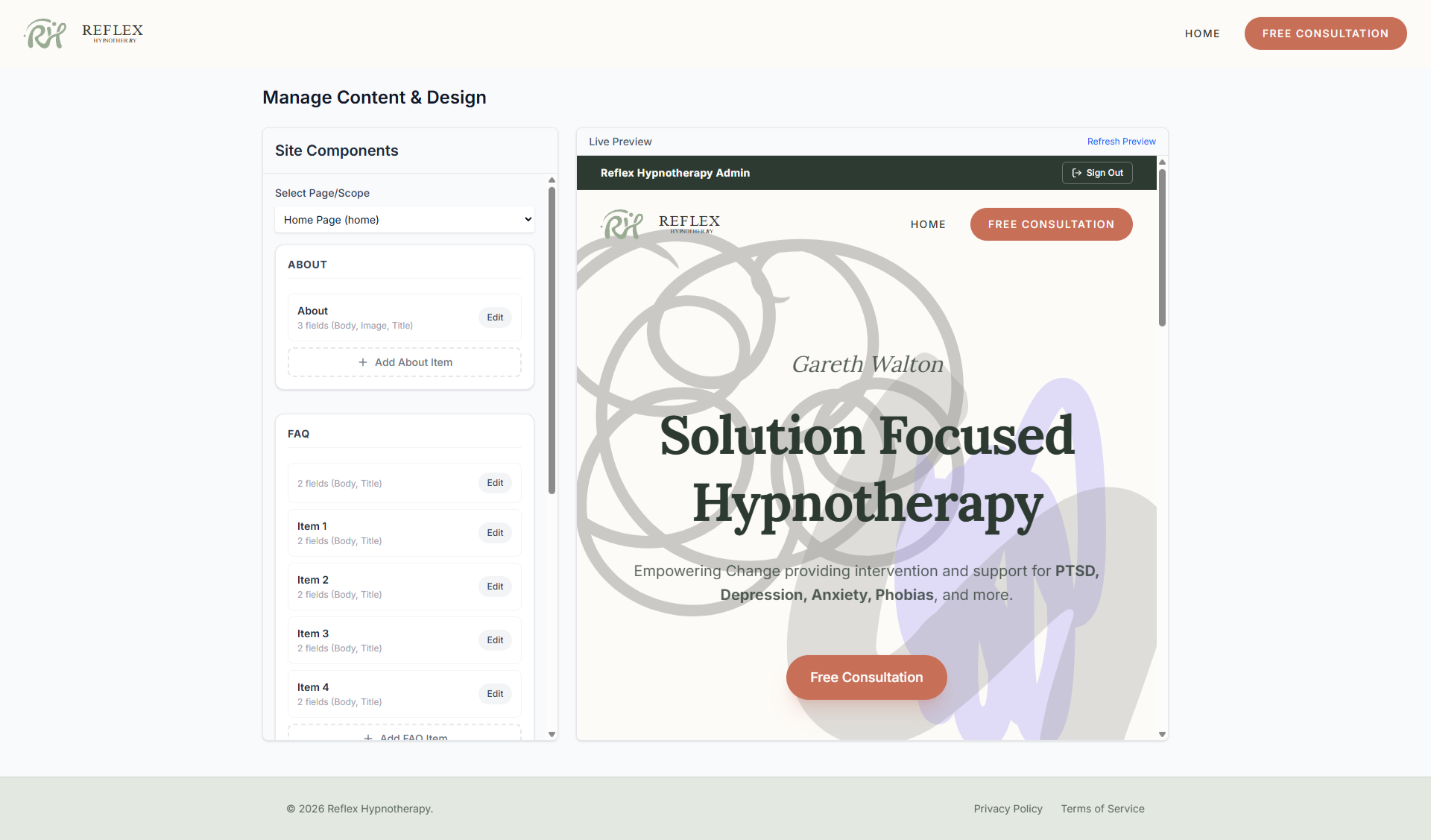 Reflex Hypnotherapy admin content management system